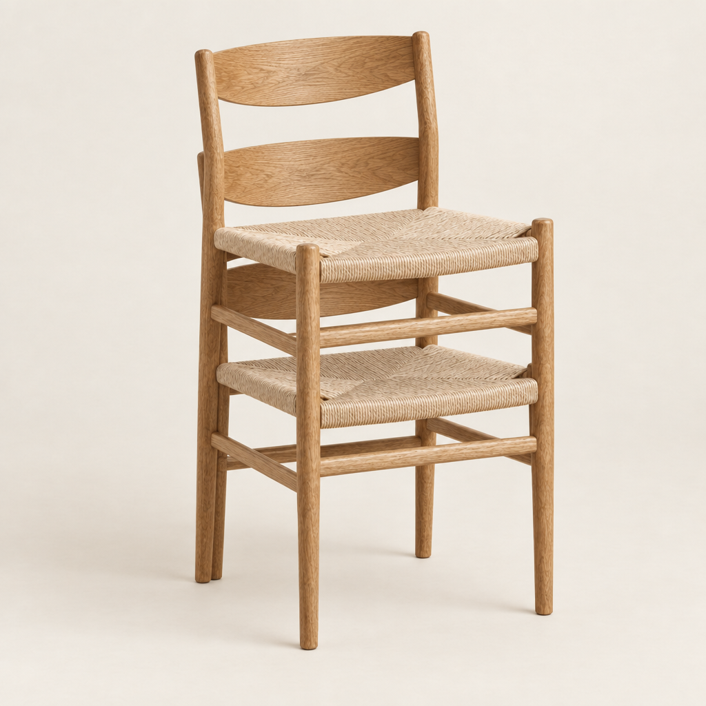 Two chairs stacked, showing they store flat