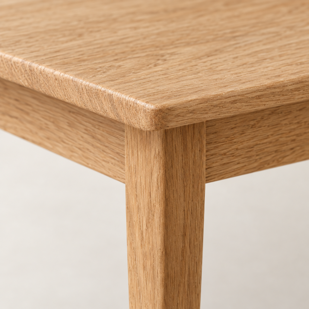 Close-up of the oak grain and tapered leg joint