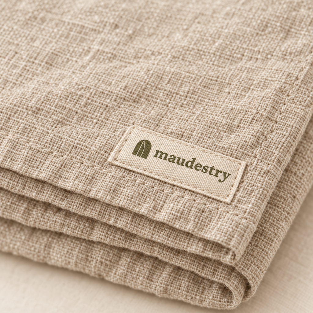 Close-up of the woven Maudestry label and hem