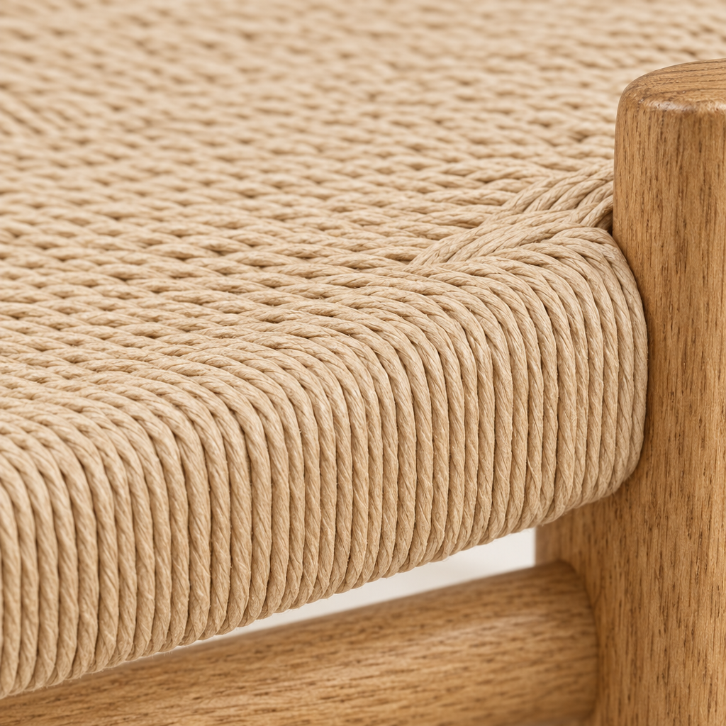 Close-up of the woven paper cord seat and oak frame