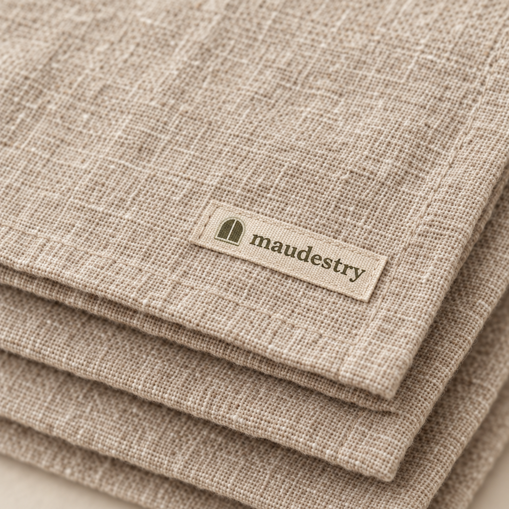 Close-up of the woven Maudestry label and mitred hem