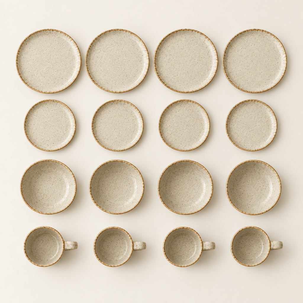 All 16 pieces laid out: 4 place settings