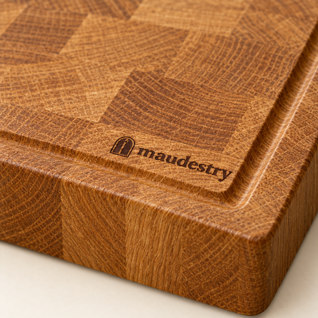 Close-up of the end-grain and the branded Maudestry mark