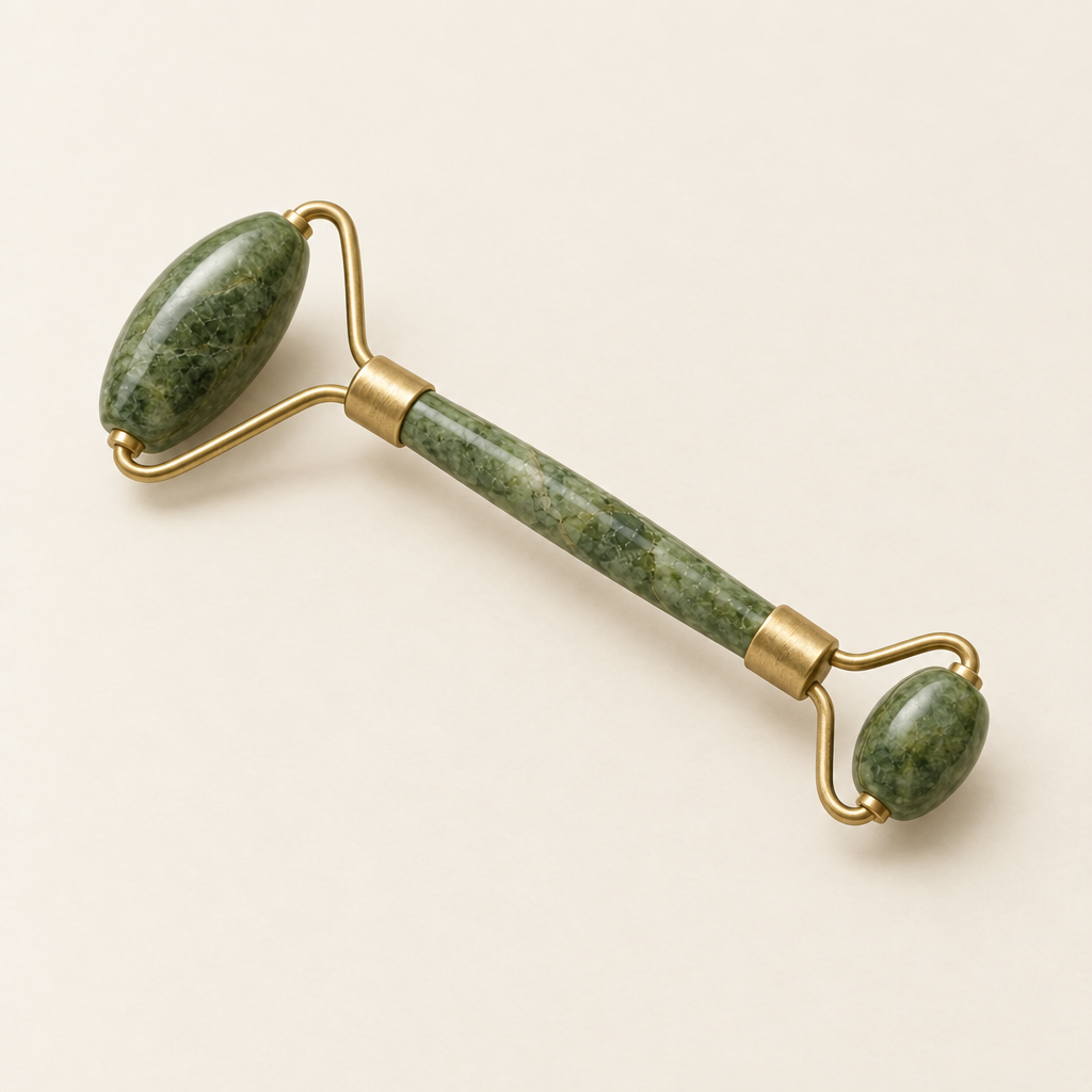 Jade roller at an angle, showing both stone heads