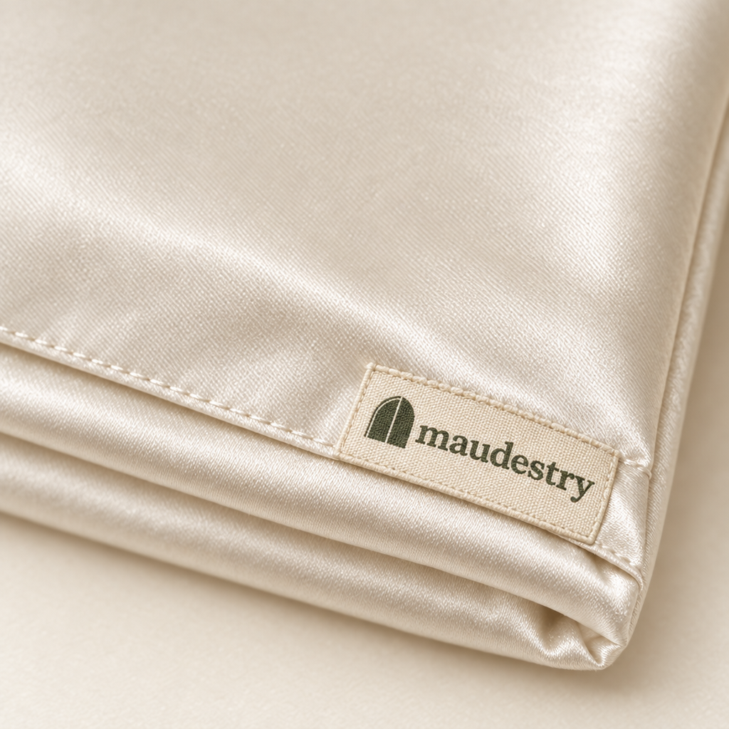 Close-up of the silk weave and woven Maudestry label