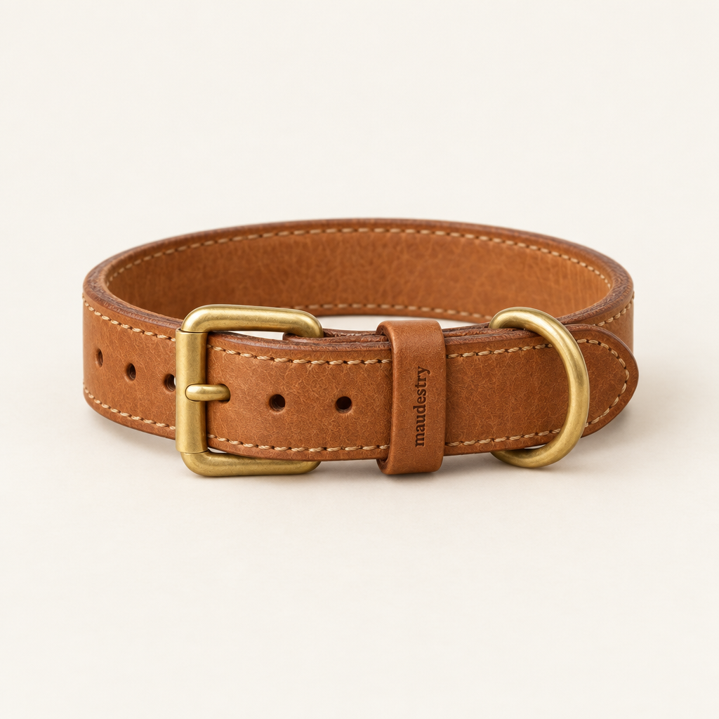 Full-grain leather dog collar in Tan with brass hardware
