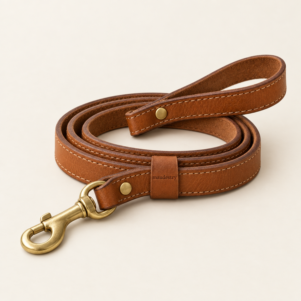 Matching leather dog lead in Tan, coiled
