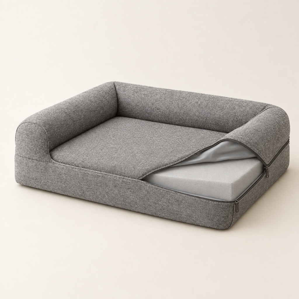 Cover unzipped, showing the memory foam core and waterproof liner