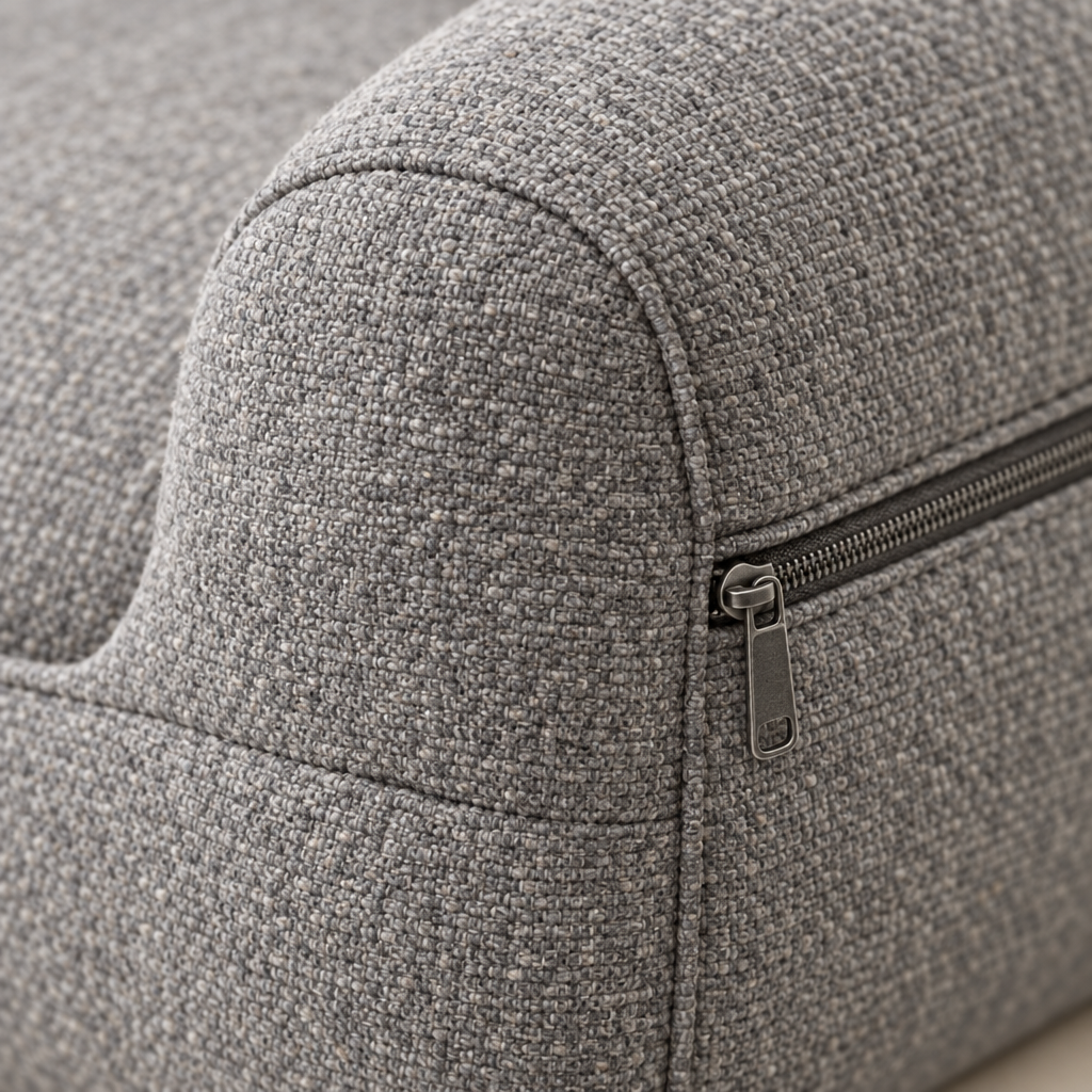 Close-up of the heavy-duty zip and woven fabric