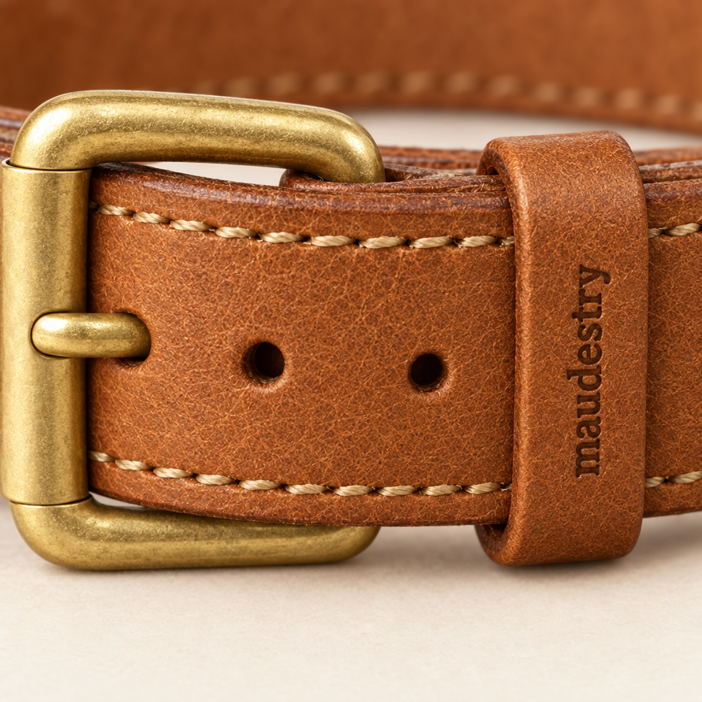Close-up of the brass buckle and debossed Maudestry keeper