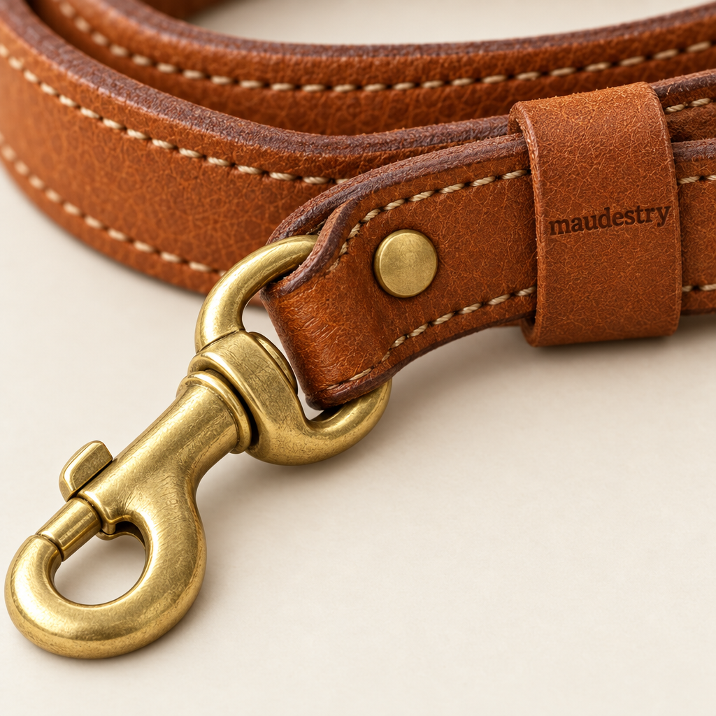 Close-up of the brass trigger clip and debossed Maudestry keeper