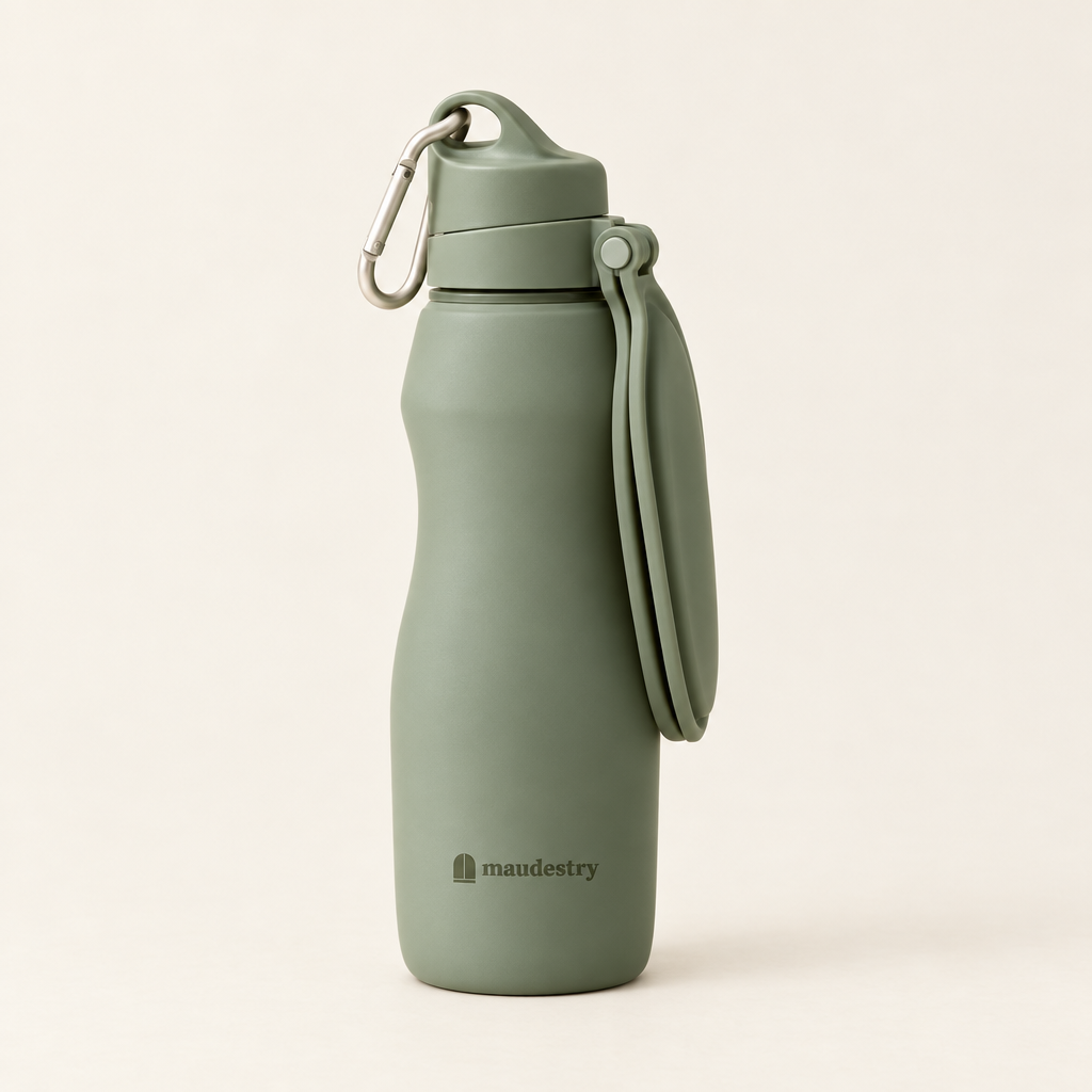 Collapsible travel water bottle in Sage, folded