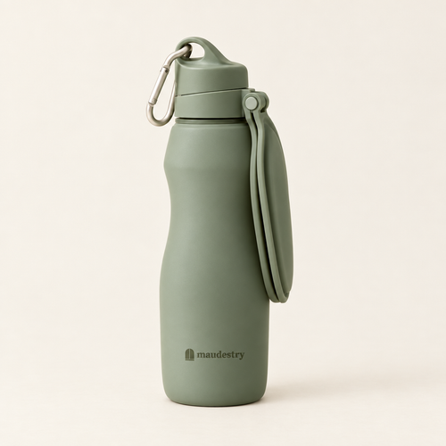 Collapsible travel water bottle in Sage, folded