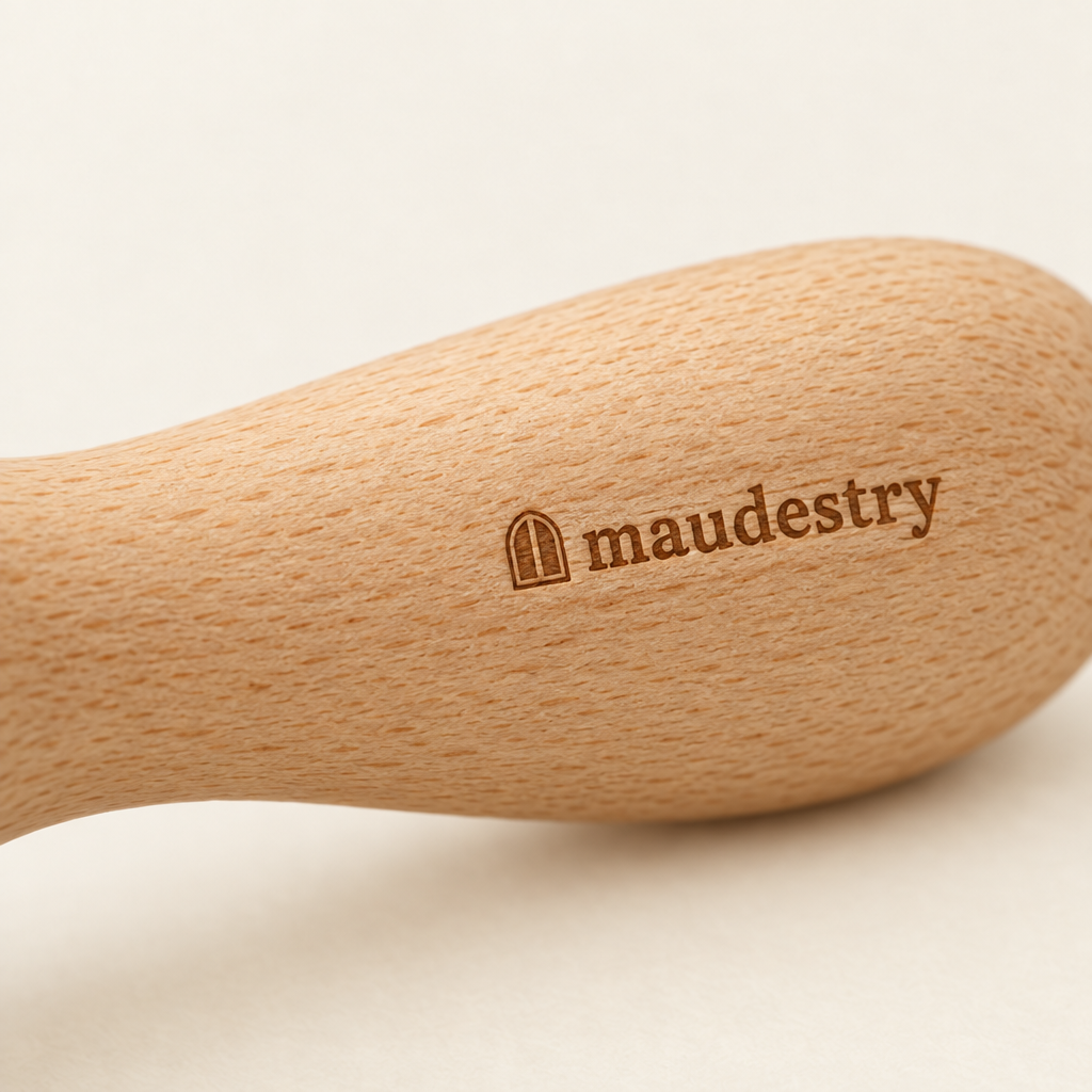 Close-up of the branded Maudestry beech handle