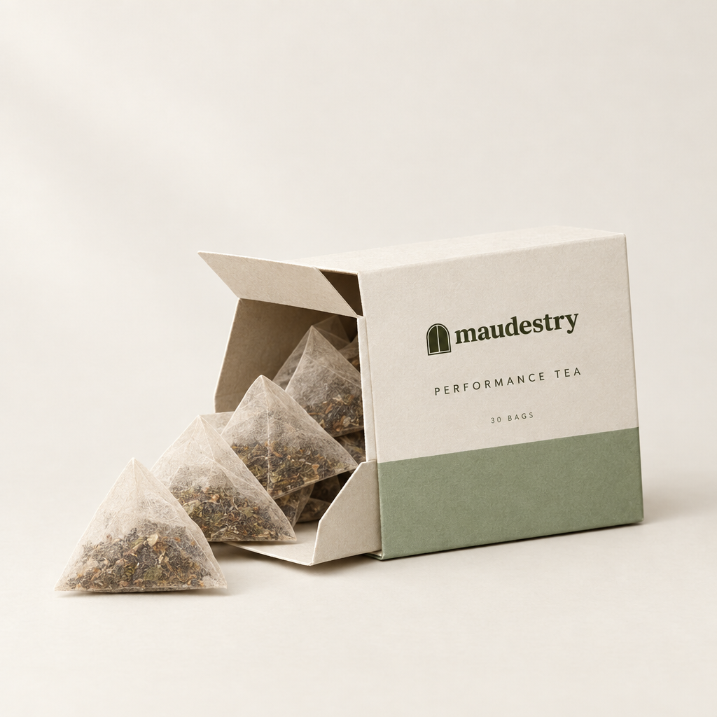 Carton open, showing the pyramid tea bags