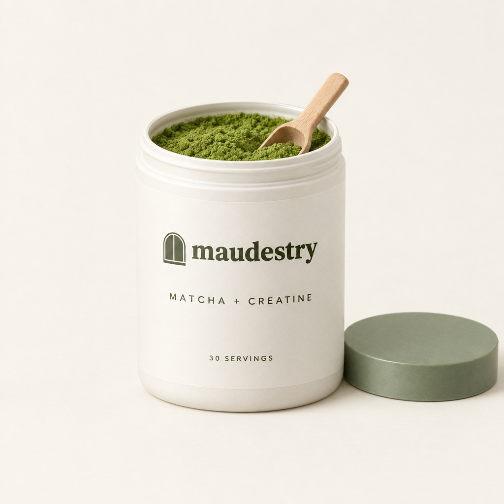 Tub open, showing the matcha powder and scoop