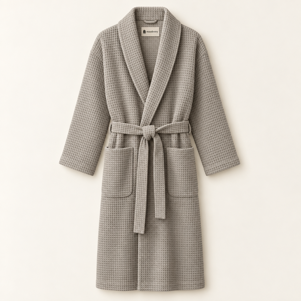 Waffle cotton bathrobe in Stone