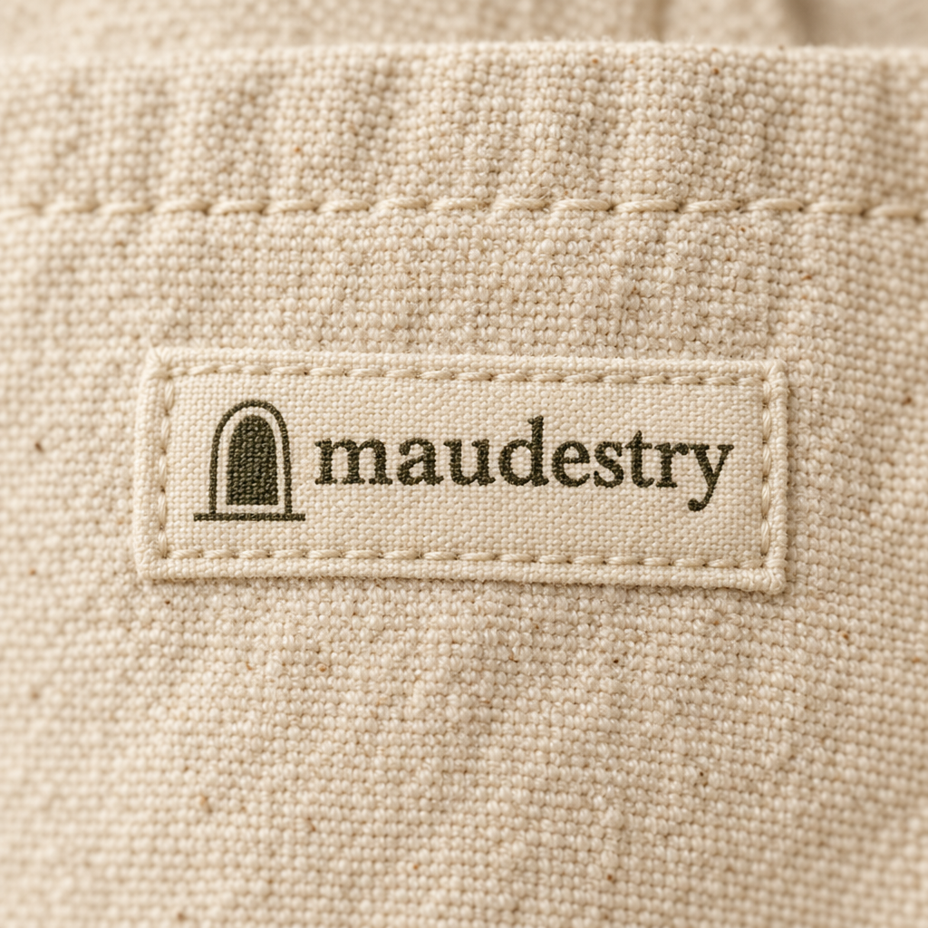 Close-up of the woven Maudestry label and canvas