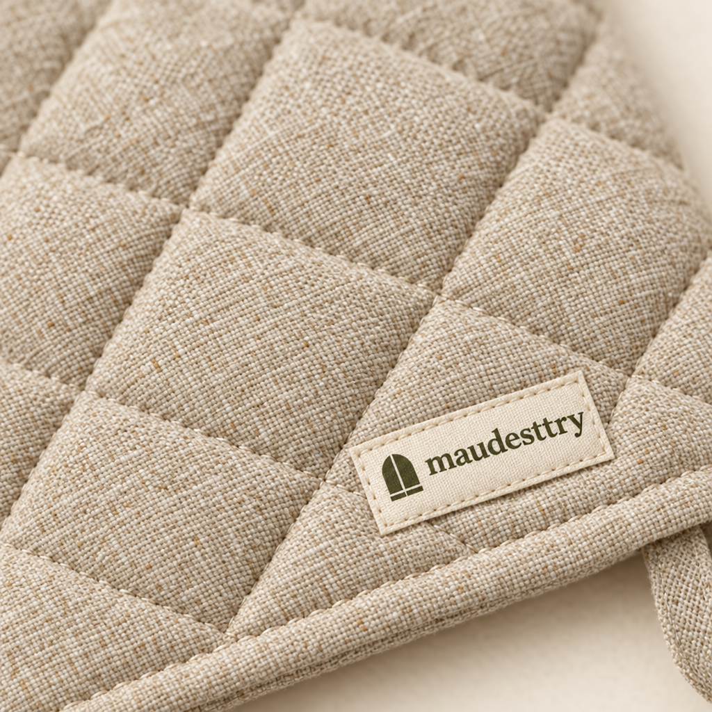 Close-up of the quilting and woven Maudestry label