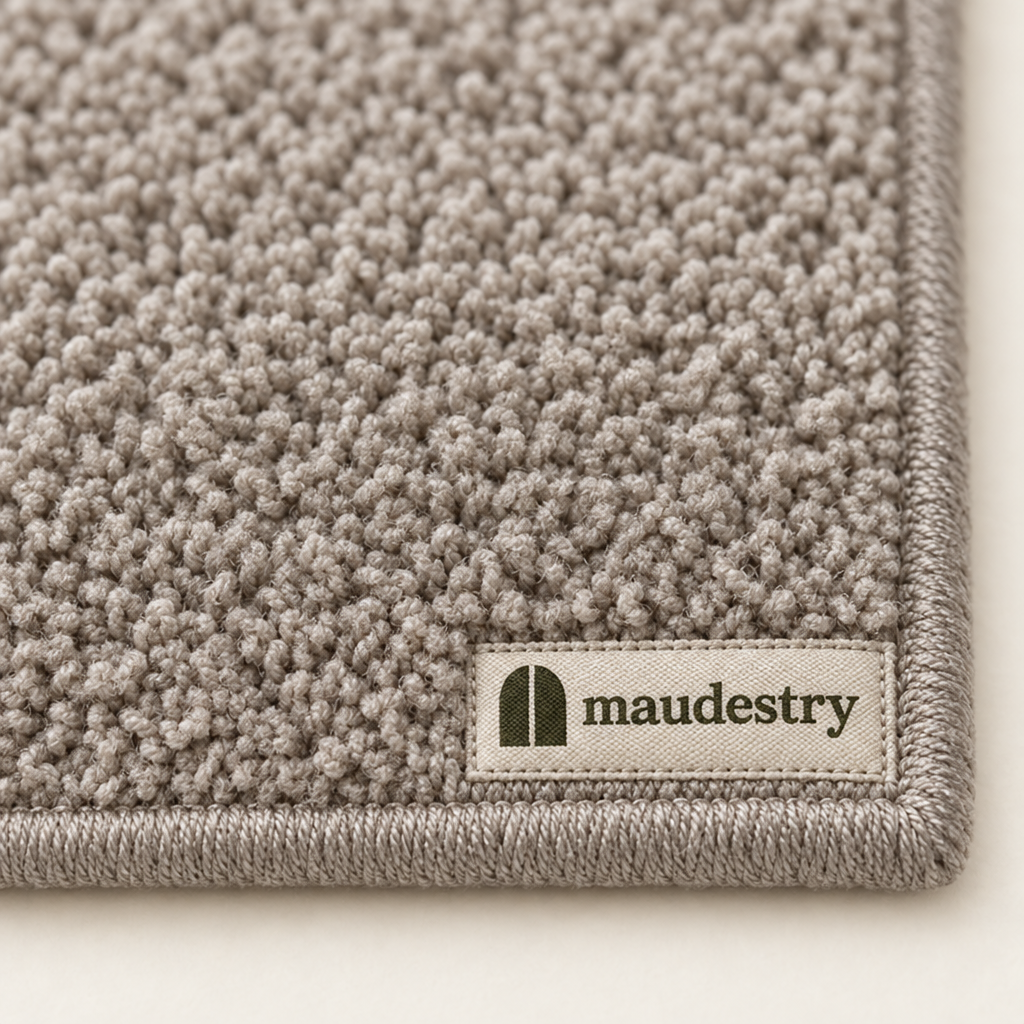 Close-up of the tufted pile and woven Maudestry label