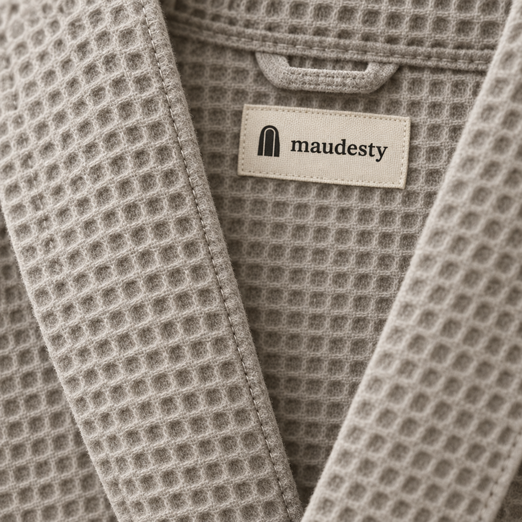 Close-up of the waffle weave and woven Maudestry label