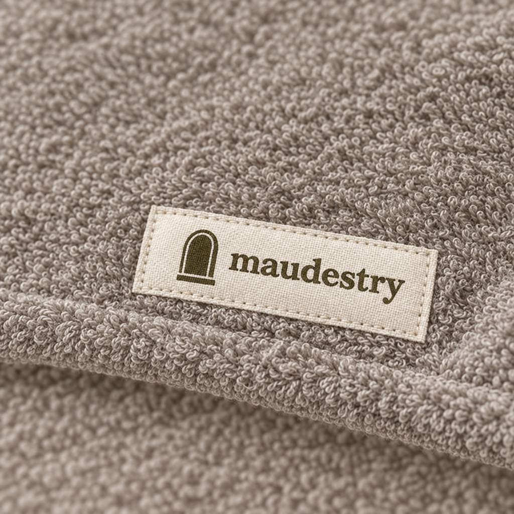 Close-up of the terry and woven Maudestry label