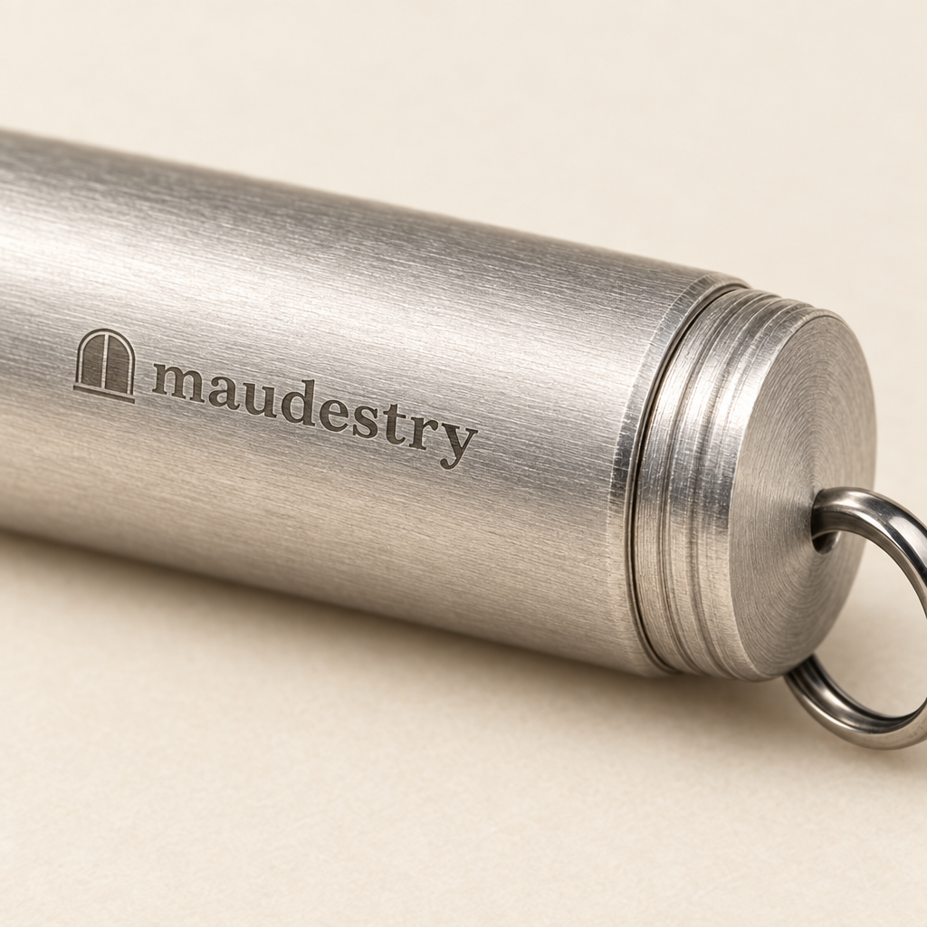 Close-up of the case with the etched Maudestry mark