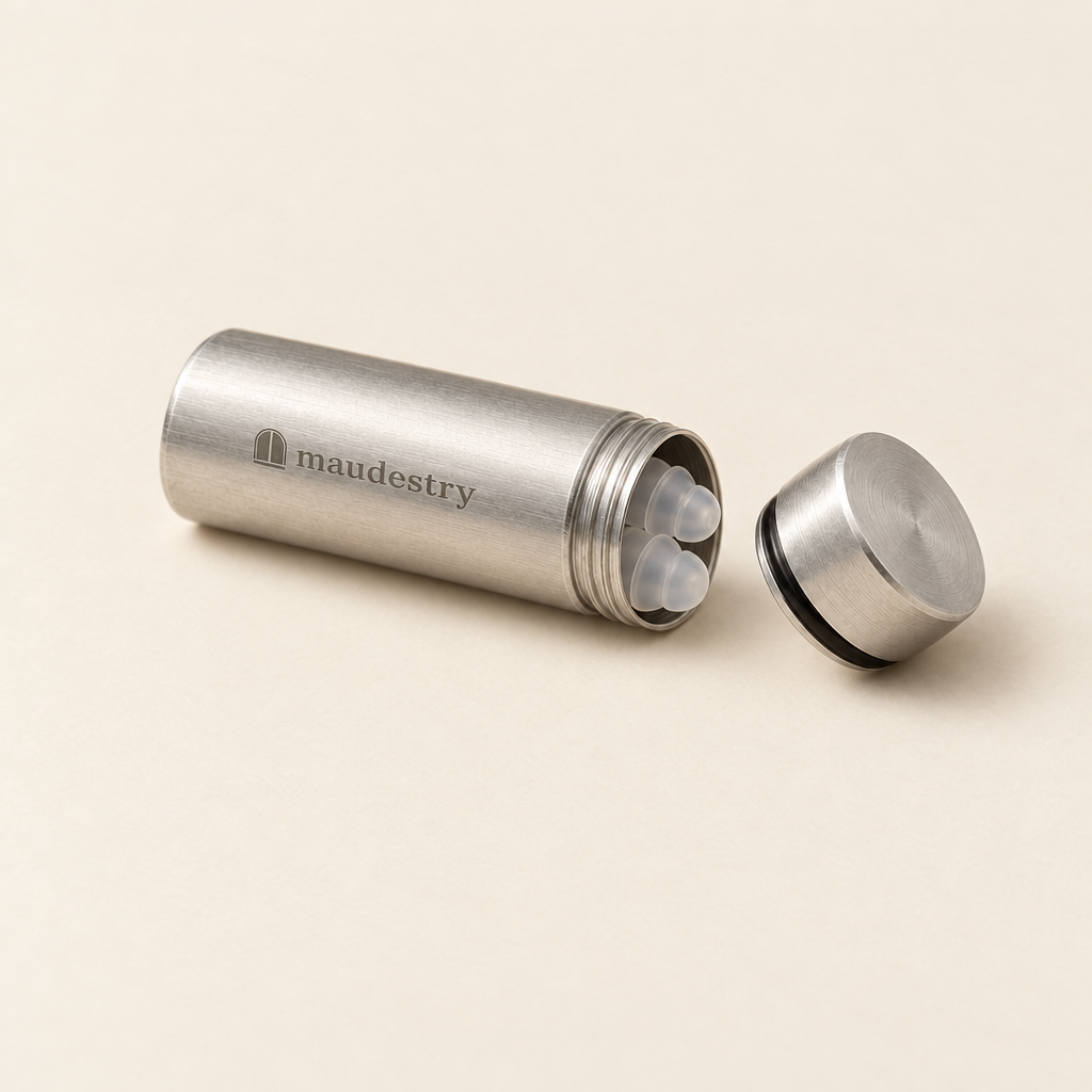 Earplugs stored inside the open case