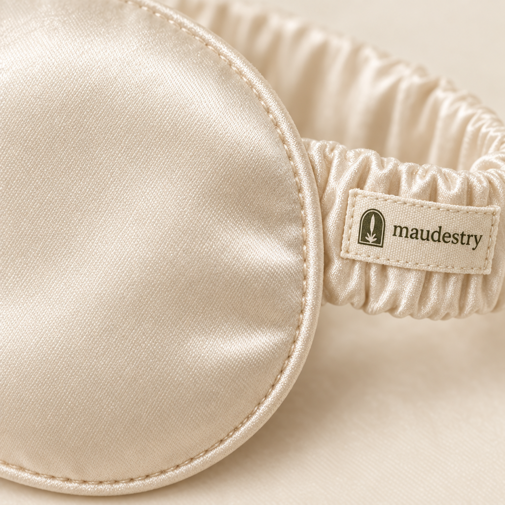 Close-up of the silk and woven Maudestry label