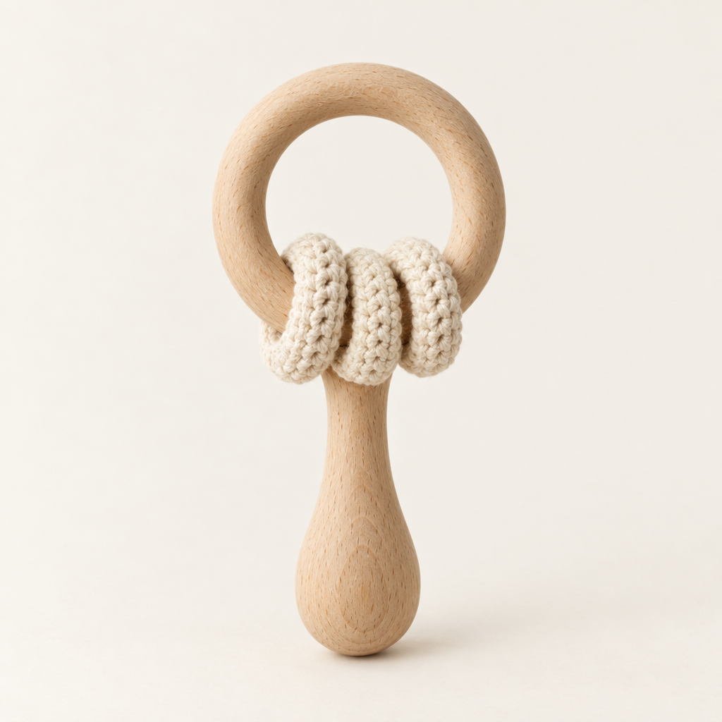 Wooden rattle teether with cotton crochet rings