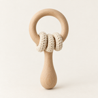 Wooden rattle teether with cotton crochet rings