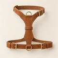 Full-grain leather dog harness in Tan, laid open
