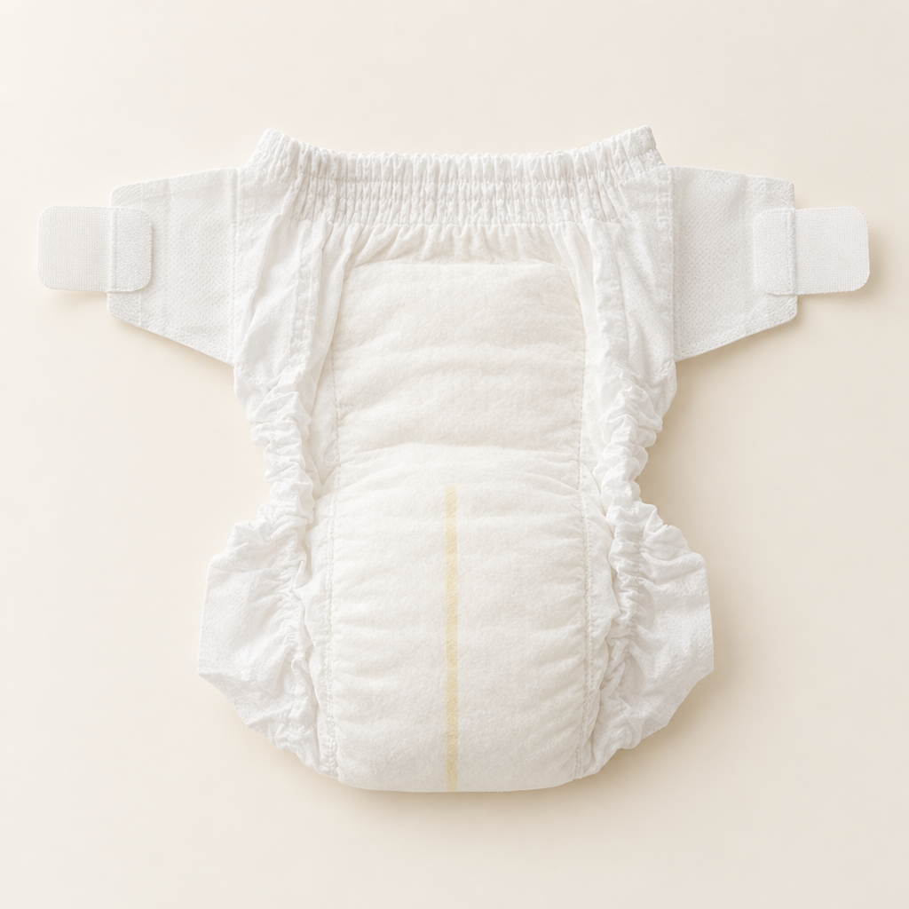 A single nappy, showing the wetness indicator and leak guards