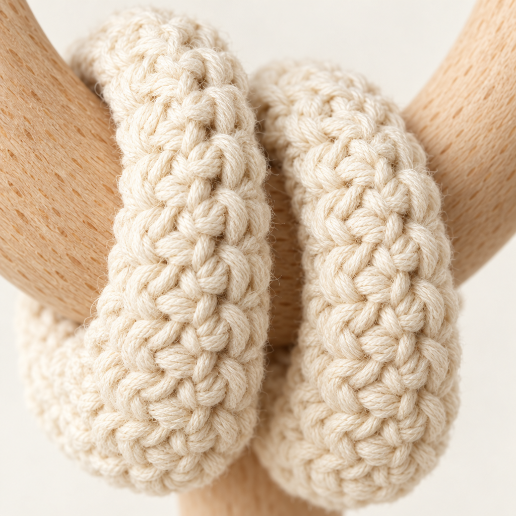 Close-up of the organic cotton crochet rings