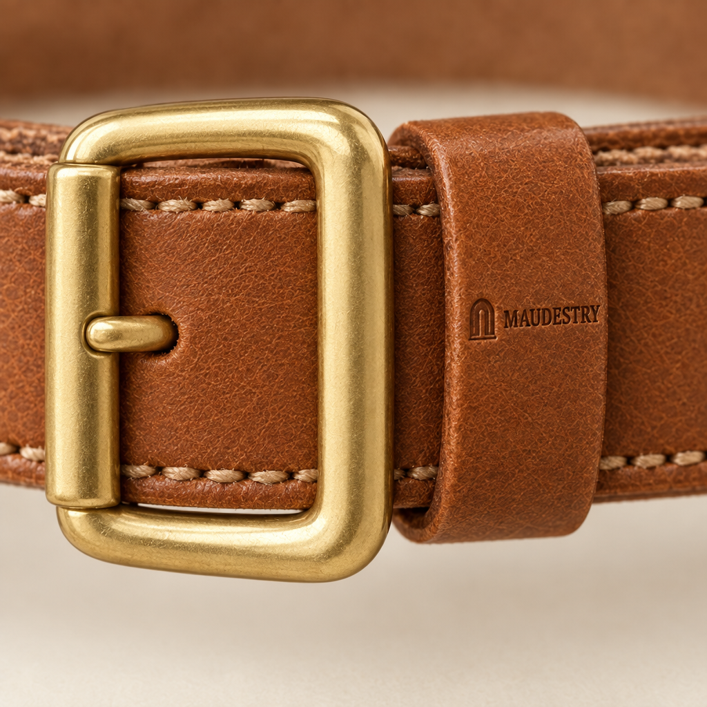 Close-up of the brass buckle and debossed Maudestry keeper