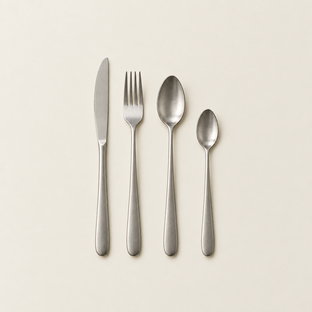 A single place setting: knife, fork, spoon and teaspoon