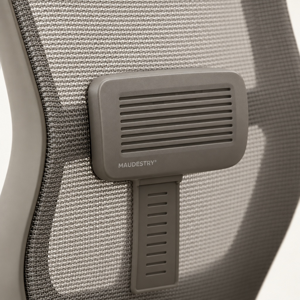 Close-up of the adjustable lumbar support and Maudestry mark