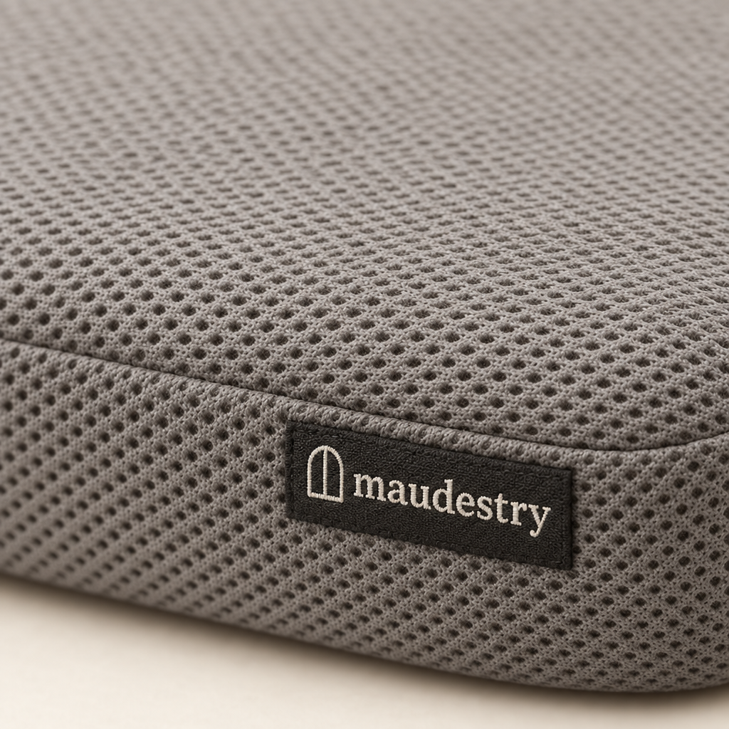 Close-up of the mesh and woven Maudestry label