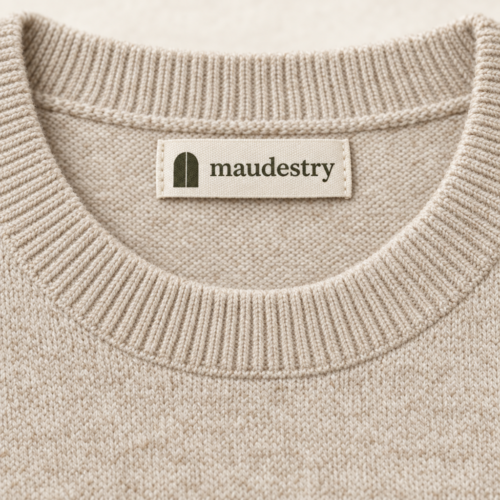 Close-up of the crew neck and woven Maudestry label