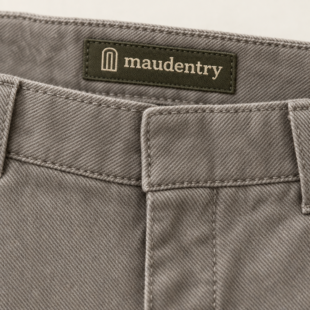 Close-up of the waistband and woven Maudestry label