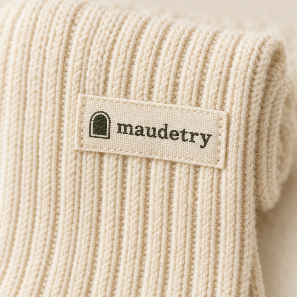 Close-up of the ribbed cuff and woven Maudestry label